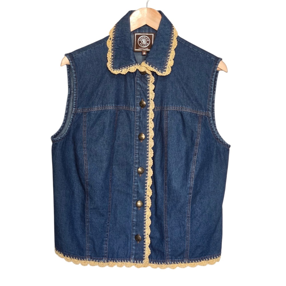 Double D Ranch Denim Vest Medium Y2K Western Boho Crochet Trim Cowgirl‎ Rodeo